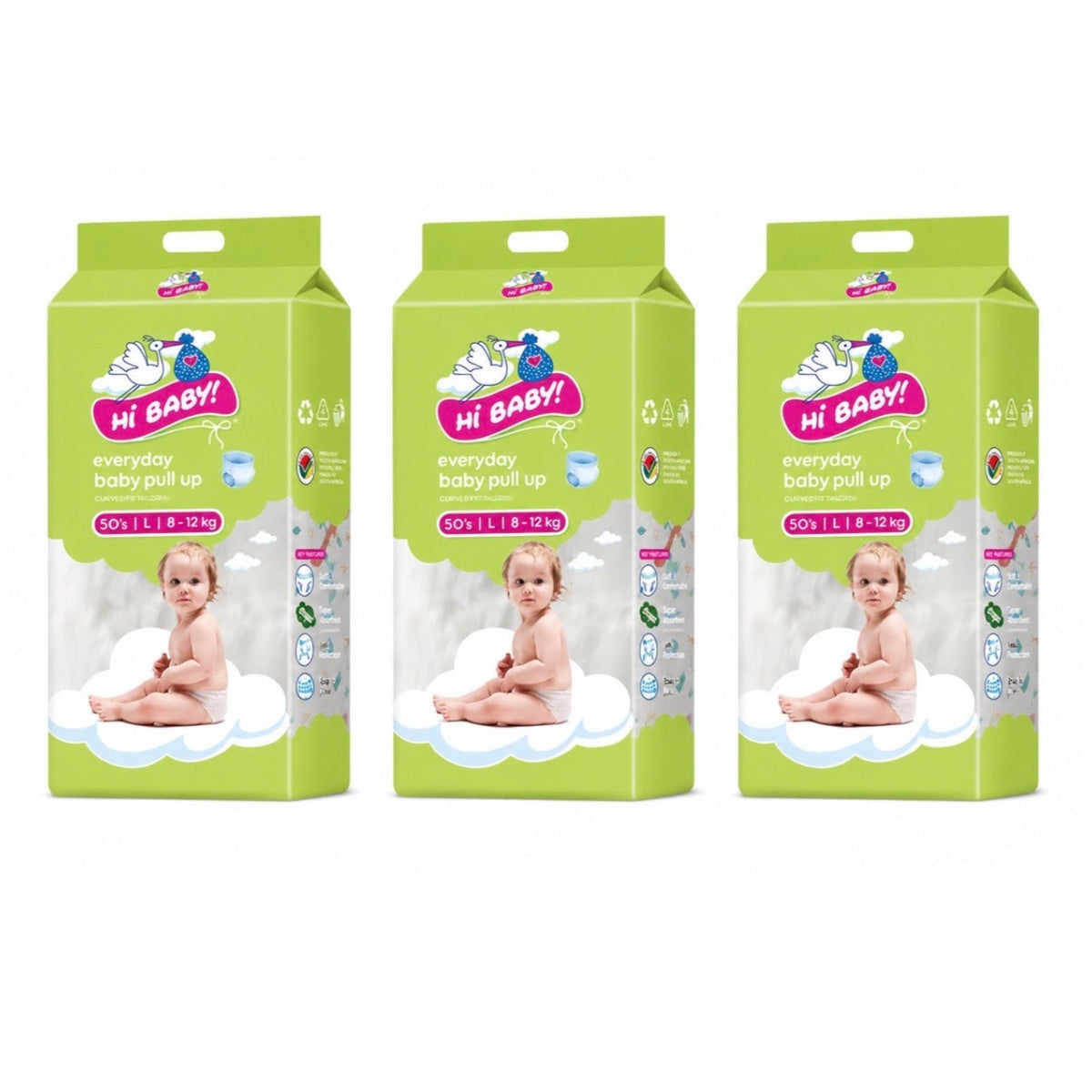3 x Hi Baby Pull-up Diapers Lrg 8-12KG 50s